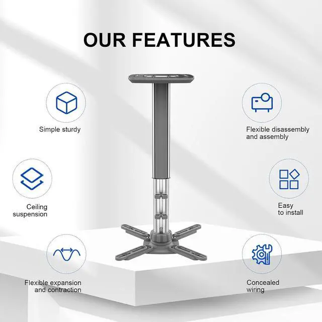 Alt view image 2 of 7 - Jomard Projector Ceiling Mount, Heavy Duty Aluminum, Adjustable Height 10.05"-16.94", 360° Swivel 15° Tilt, Holds 15 Lbs, Gray