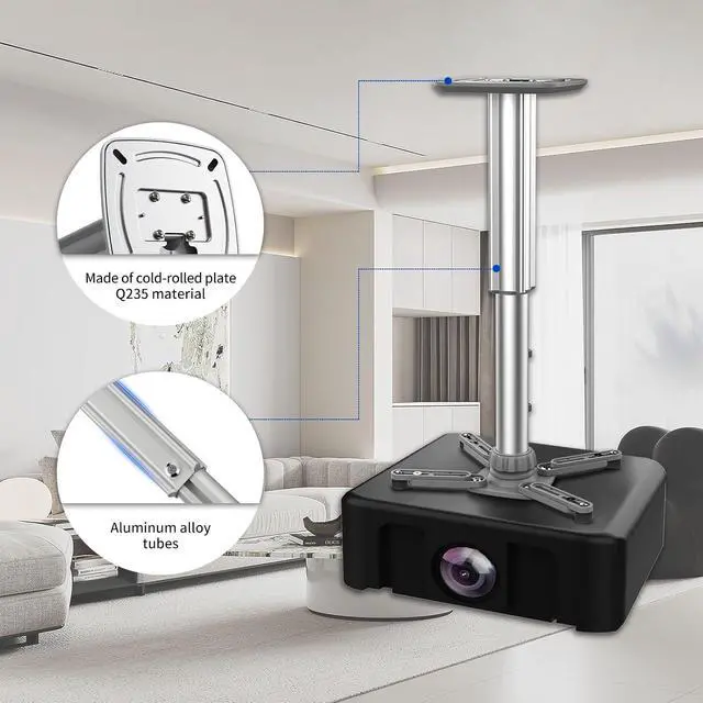 Alt view image 3 of 7 - Jomard Projector Ceiling Mount, Heavy Duty Aluminum, Adjustable Height 10.05"-16.94", 360° Swivel 15° Tilt, Holds 15 Lbs, Gray