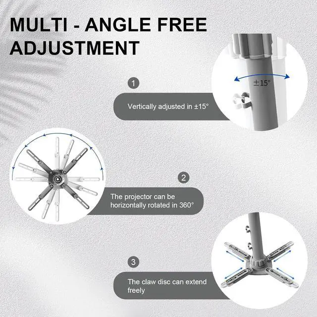 Alt view image 4 of 7 - Jomard Projector Ceiling Mount, Heavy Duty Aluminum, Adjustable Height 10.05"-16.94", 360° Swivel 15° Tilt, Holds 15 Lbs, Gray