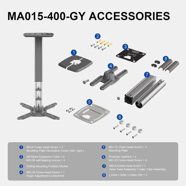 Alt view image 7 of 7 - Jomard Projector Ceiling Mount, Heavy Duty Aluminum, Adjustable Height 10.05"-16.94", 360° Swivel 15° Tilt, Holds 15 Lbs, Gray