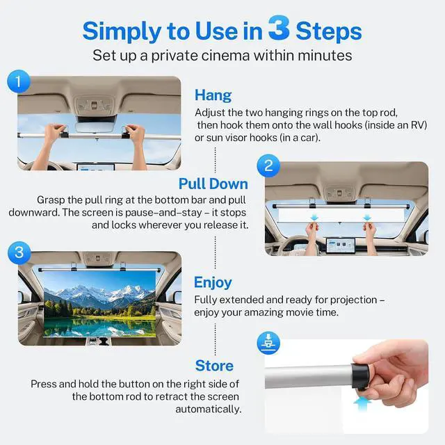 Alt view image 5 of 7 - 40 Inch Retractable Projector Screen for Car with Adjustable Loops for Headrests/Sun Visors Self-Locking Pull Down & Slow Retraction High Gain Wrinkle-Free for SUV/RV/Camping/Bedroom/Office/Gift
