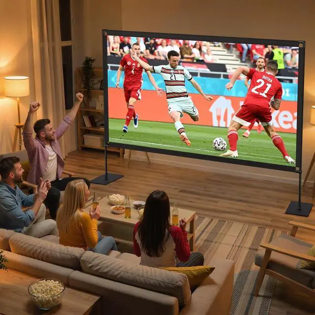 Alt view image 2 of 6 - 120 Inch Projector Screen with Stand, 16:9 4K HD Portable Projector Screen, Indoor Outdoor Front/Rear with Carry Bag for Home Theater Backyard Camping Movie Night