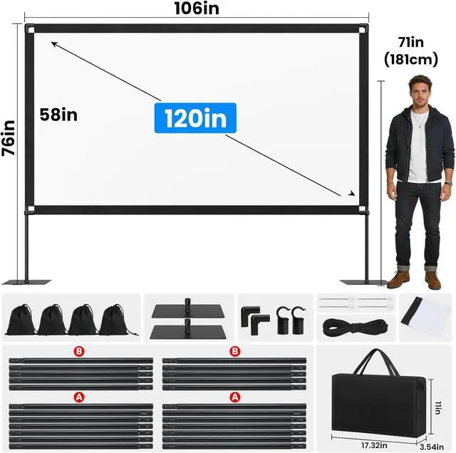 Alt view image 4 of 6 - 120 Inch Projector Screen with Stand, 16:9 4K HD Portable Projector Screen, Indoor Outdoor Front/Rear with Carry Bag for Home Theater Backyard Camping Movie Night