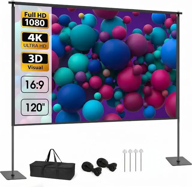 Main image of 120 Inch Projector Screen with Stand, 16:9 4K HD Portable Projector Screen, Indoor Outdoor Front/Rear with Carry Bag for Home Theater Backyard Camping Movie Night