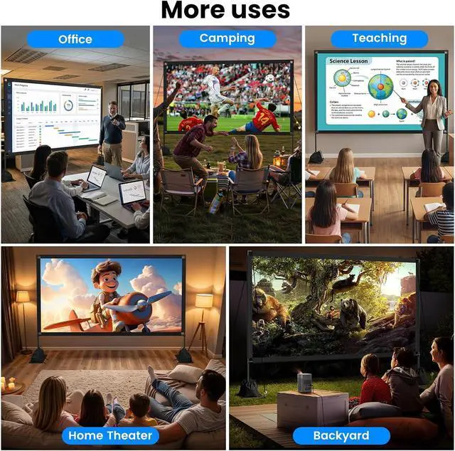 Alt view image 5 of 6 - 120 Inch Projector Screen with Stand, 16:9 4K HD Portable Projector Screen, Indoor Outdoor Front/Rear with Carry Bag for Home Theater Backyard Camping Movie Night
