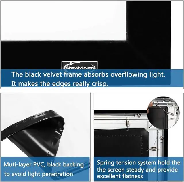 Alt view image 3 of 6 - ShowMaven 100in Fixed Frame Projector Screen, Diagonal 16:9, Active 3D 4K Ultra HD Projector Screen for Home Theater or Office (16:9, 100")
