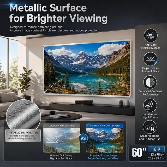Alt view image 2 of 7 - Metallic Anti Light Projector Screen Outdoor 16:9 Projection 4k HD Foldable Ambient Light Rejecting Daytime Fast Setup Portable Mount Wrinkle-Free Wall for Courtyard and Home(ThickB,60in)