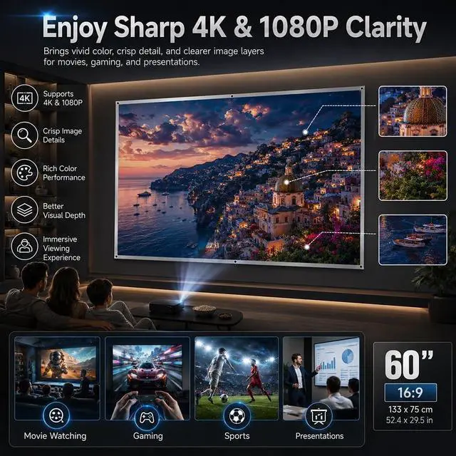 Alt view image 3 of 7 - Metallic Anti Light Projector Screen Outdoor 16:9 Projection 4k HD Foldable Ambient Light Rejecting Daytime Fast Setup Portable Mount Wrinkle-Free Wall for Courtyard and Home(ThickB,60in)