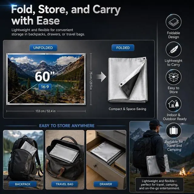 Alt view image 5 of 7 - Metallic Anti Light Projector Screen Outdoor 16:9 Projection 4k HD Foldable Ambient Light Rejecting Daytime Fast Setup Portable Mount Wrinkle-Free Wall for Courtyard and Home(ThickB,60in)