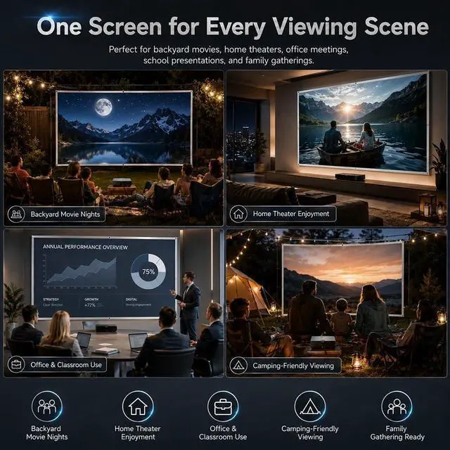 Alt view image 6 of 7 - Metallic Anti Light Projector Screen Outdoor 16:9 Projection 4k HD Foldable Ambient Light Rejecting Daytime Fast Setup Portable Mount Wrinkle-Free Wall for Courtyard and Home(ThickB,60in)