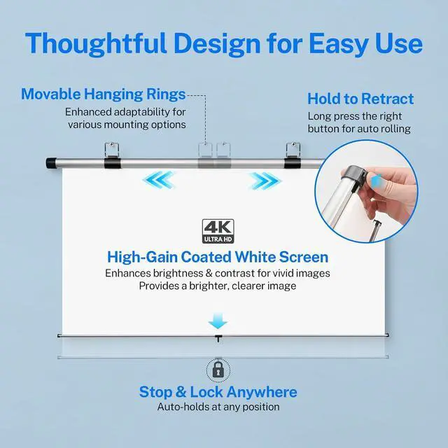 Alt view image 3 of 7 - 40 Inch Retractable Projector Screen for Car with Adjustable Loops for Headrests/Sun Visors Self-Locking Pull Down & Slow Retraction High Gain Wrinkle-Free for SUV/RV/Camping/Bedroom/Office/Gift