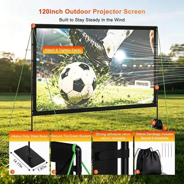 Alt view image 3 of 7 - Outdoor Projector Screen with Stand, TWjouko 120 inch Portable Movie Screen with Carry Bag, Sandbag,16:9 Washable Cloth Screen for Backyard, Camping, Travel, Easy Setup, Big Projection Screen