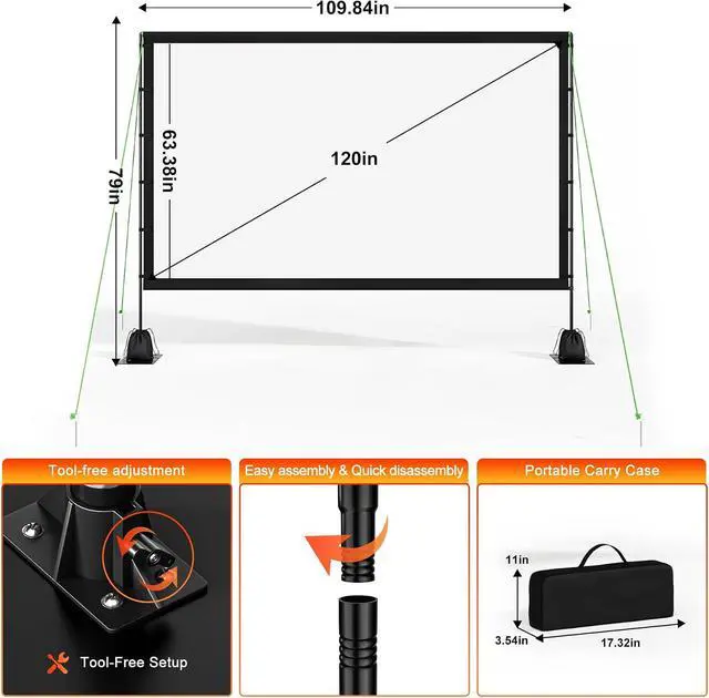Alt view image 2 of 7 - Outdoor Projector Screen with Stand, TWjouko 120 inch Portable Movie Screen with Carry Bag, Sandbag,16:9 Washable Cloth Screen for Backyard, Camping, Travel, Easy Setup, Big Projection Screen