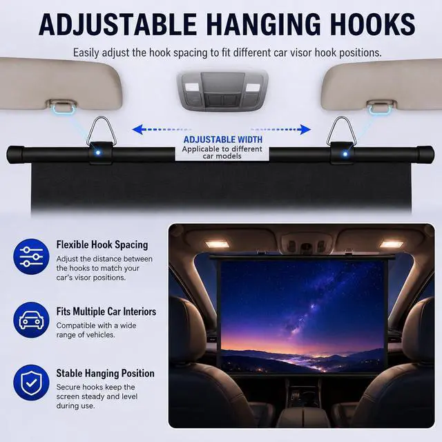 Alt view image 4 of 7 - Car Projector Screen - 16:9 Portable Projector Screen Pull Down, 4K HD Manual Roll Up Projection Screen for Car, SUV, RV, Camping, Travel & Outdoor Movie Use