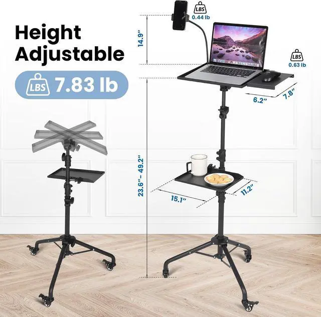 Alt view image 2 of 7 - Garvee Projector Tripod Stand with Wheels, Laptop Tripod Projector Stand with 2 Shelves Mouse Tray Phone Holder, Adjustable Height 23 to 49 Inch Tripod, Portable Tripod Stand Office Home