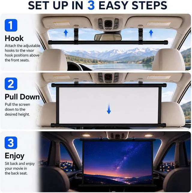 Alt view image 5 of 7 - Car Projector Screen - 16:9 Portable Projector Screen Pull Down, 4K HD Manual Roll Up Projection Screen for Car, SUV, RV, Camping, Travel & Outdoor Movie Use