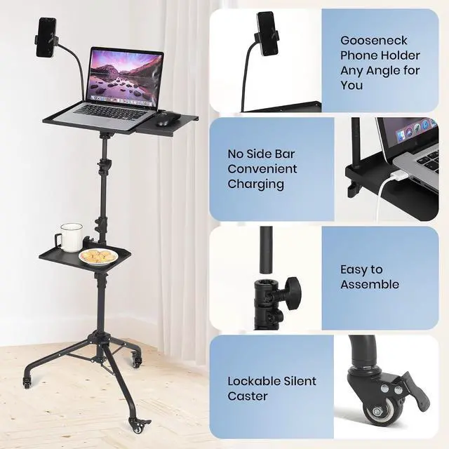 Alt view image 4 of 7 - Garvee Projector Tripod Stand with Wheels, Laptop Tripod Projector Stand with 2 Shelves Mouse Tray Phone Holder, Adjustable Height 23 to 49 Inch Tripod, Portable Tripod Stand Office Home