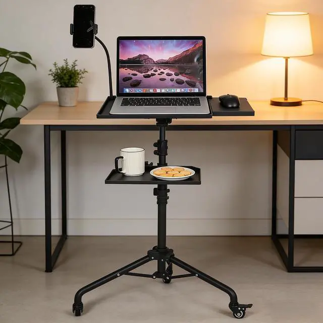 Alt view image 7 of 7 - Garvee Projector Tripod Stand with Wheels, Laptop Tripod Projector Stand with 2 Shelves Mouse Tray Phone Holder, Adjustable Height 23 to 49 Inch Tripod, Portable Tripod Stand Office Home