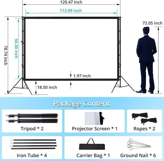 Alt view image 2 of 6 - Projector Screen with Stand, 120 inch Portable Projection Screen, 16:9 4K HD Rear & Front Projections Movies Screen with Carry Bag, for Indoor Outdoor Home Theater Backyard Camping
