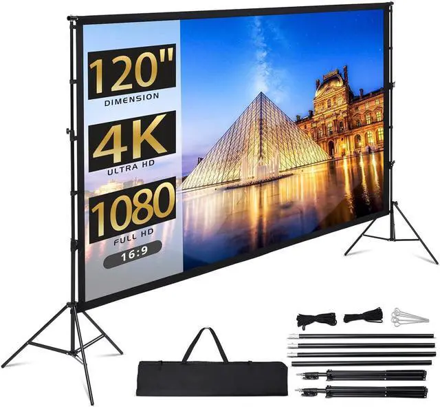 Main image of Projector Screen with Stand, 120 inch Portable Projection Screen, 16:9 4K HD Rear & Front Projections Movies Screen with Carry Bag, for Indoor Outdoor Home Theater Backyard Camping