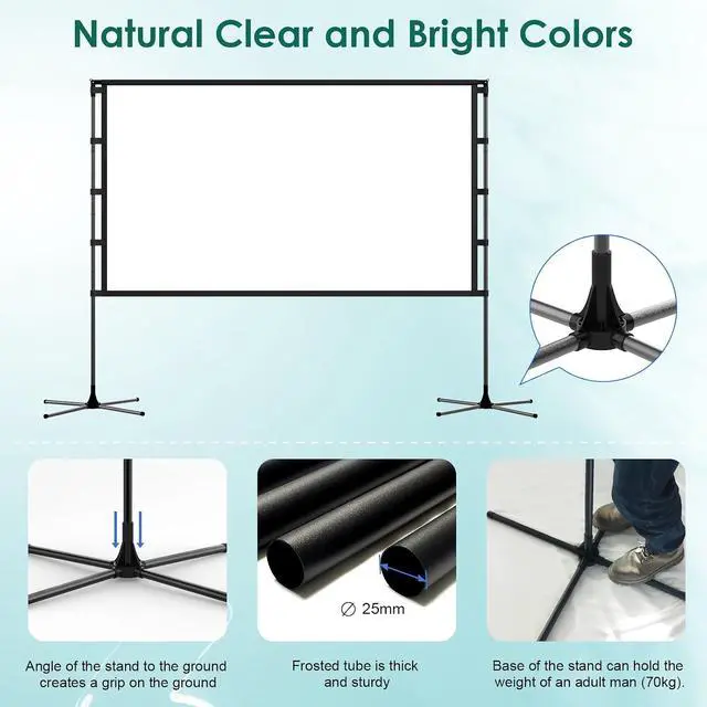 Alt view image 2 of 7 - Outdoor 120-inch Projector Screen with Stand, Portable Foldable Indoor Movie Screen 16:9 HD 160° Viewing Double-Sided Projection Screen Suitable for Home Theater, Backyard, Party, Camping
