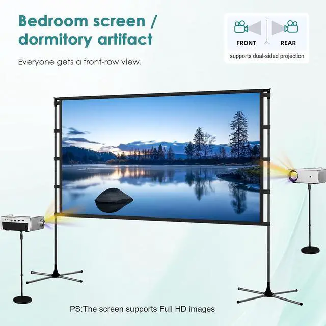 Alt view image 4 of 7 - Outdoor 120-inch Projector Screen with Stand, Portable Foldable Indoor Movie Screen 16:9 HD 160° Viewing Double-Sided Projection Screen Suitable for Home Theater, Backyard, Party, Camping