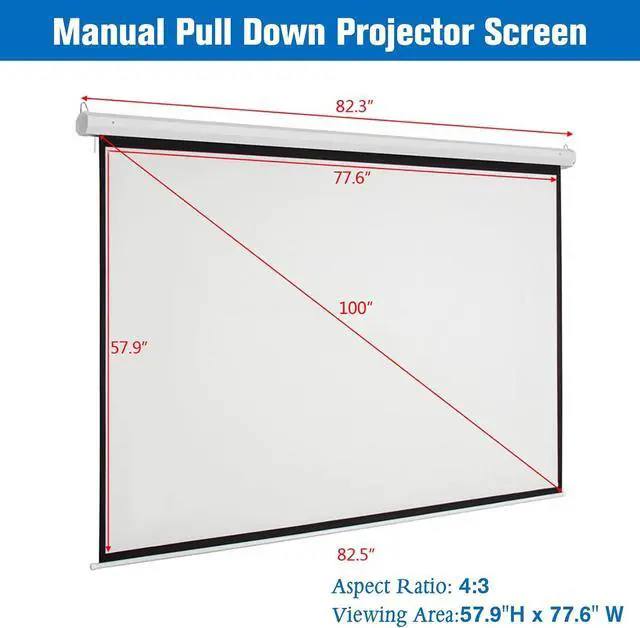 Alt view image 3 of 7 - 100" Manual Pull Down Projector Screen Lightweight 4:3 Auto-Locking Portable Movie Projection Screen for Home Theater Office Classroom Outdoor Patio, Ceiling or Wall Mount (Matte White)