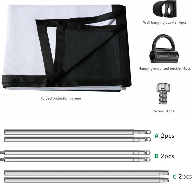 Alt view image 2 of 6 - Foldable Projector Screen 100 inch with Telescopic Rod Combination Frame 16:9 HD 4K Anti-Crease Black Backing Silver Portable Projection Screen