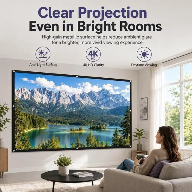 Alt view image 2 of 7 - Metallic Anti-Light Projector Screen, Upgrade 4k 16:9 Hanging Outdoor Projector Screen, Portable ALR Projectors Screen, Cinematic Theater Display for Home Theater Office Outdoor (Extra Thick, 150")