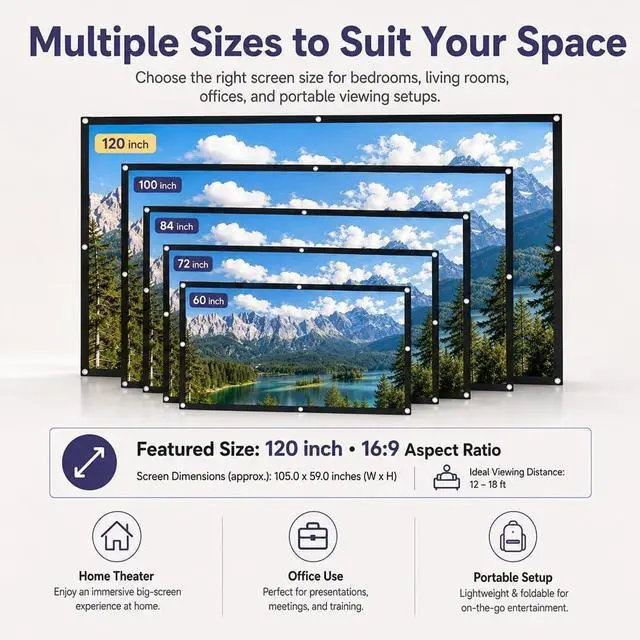 Alt view image 6 of 7 - Metallic Anti-Light Projector Screen, Upgrade 4k 16:9 Hanging Outdoor Projector Screen, Portable ALR Projectors Screen, Cinematic Theater Display for Home Theater Office Outdoor (Extra Thick, 150")
