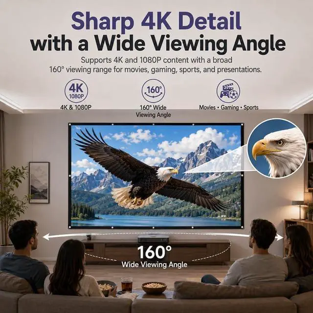Alt view image 5 of 7 - Metallic Anti-Light Projector Screen, Upgrade 4k 16:9 Hanging Outdoor Projector Screen, Portable ALR Projectors Screen, Cinematic Theater Display for Home Theater Office Outdoor (Extra Thick, 150")