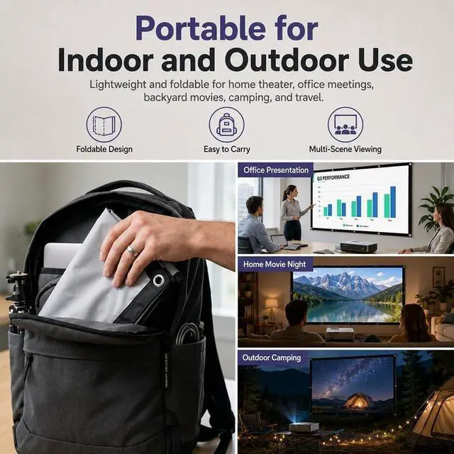 Alt view image 7 of 7 - Metallic Anti-Light Projector Screen, Upgrade 4k 16:9 Hanging Outdoor Projector Screen, Portable ALR Projectors Screen, Cinematic Theater Display for Home Theater Office Outdoor (Extra Thick, 150")