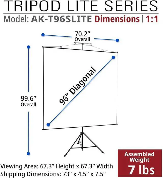 Alt view image 2 of 7 - Akia Screens 2-in-1 96" Portable Projector Screen with Stand & Carry Bag, Tripod or Wall Mount, 1:1/4:3/16:9/16:10 Compatible, MaxWhite Matte Surface, Indoor Outdoor Use, AK-T96SLITE Black