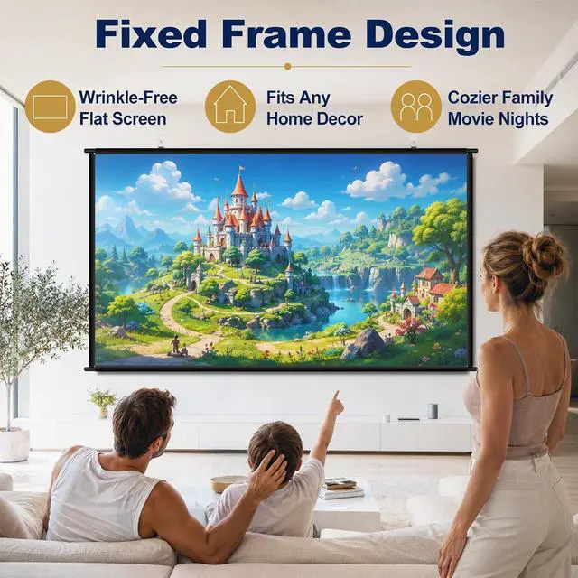 Alt view image 3 of 7 - 100 inch Fixed Frame Projector Screen, Outdoor Indoor Movie Projector Screen, Wrinkle-Free Large Hanging Projection Screen for Room Wall, Theater, Camping, Backyard, 4K HD 16:9
