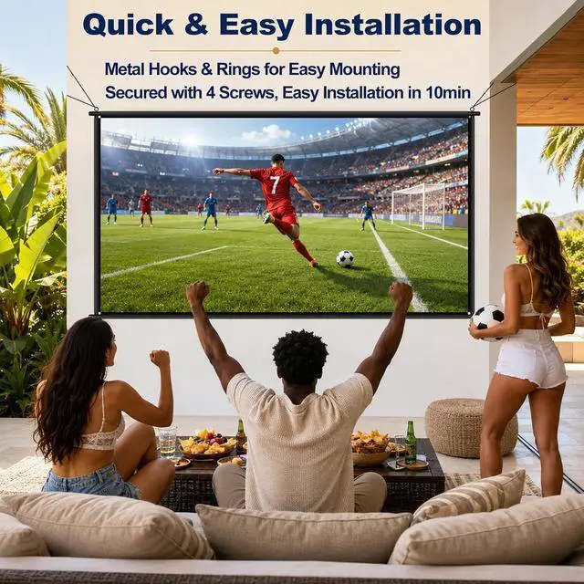 Alt view image 4 of 7 - 100 inch Fixed Frame Projector Screen, Outdoor Indoor Movie Projector Screen, Wrinkle-Free Large Hanging Projection Screen for Room Wall, Theater, Camping, Backyard, 4K HD 16:9