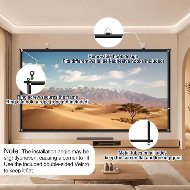 Alt view image 5 of 7 - 100 inch Fixed Frame Projector Screen, Outdoor Indoor Movie Projector Screen, Wrinkle-Free Large Hanging Projection Screen for Room Wall, Theater, Camping, Backyard, 4K HD 16:9