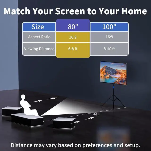 Alt view image 6 of 7 - WASJOYE 80" Proiector Screen with Stand - 16:9 4K HD Portable Proiector Screen, 1.2 Gain Indoor Projector Screen, Easy Setup and Carrying, for Home Cinema, Backyard Party Office TV Game