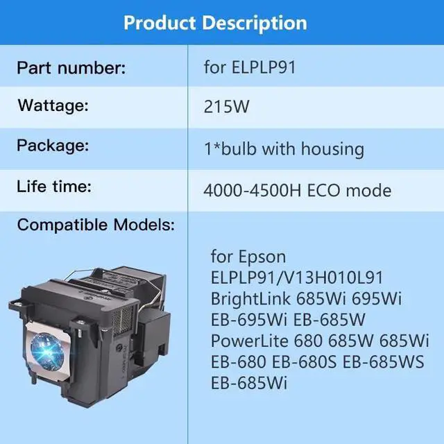 Alt view image 4 of 7 - Suitable for ELPLP91/V13H010L91 Replacement Projector Bulb for EPSON PowerLite Home Cinema 695Wi 680 685W 685Wi BrightLink 685Wi 695Wi EB-680 EB-680S EB-685W EB-685Wi EB-685WS EB-695Wi Lamp