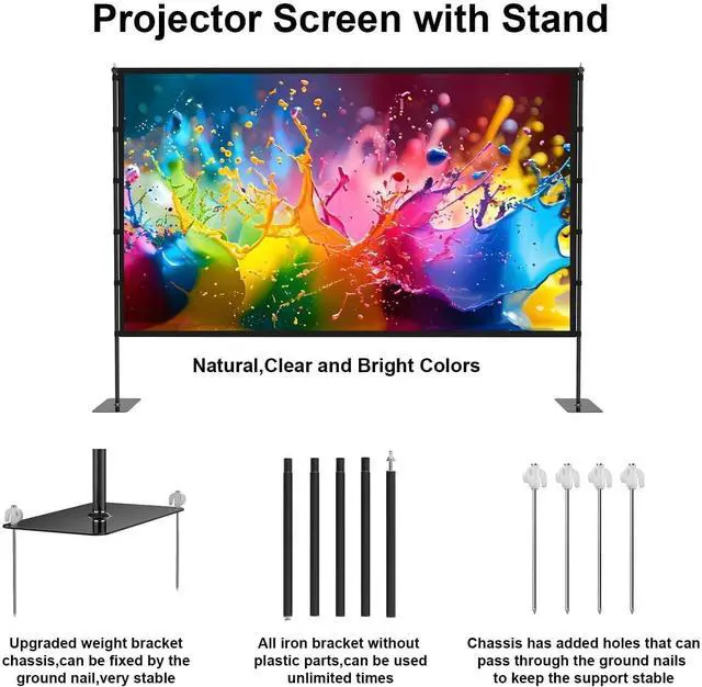 Alt view image 5 of 7 - Outdoor-Projector-Screen-with-Stand - 120 inch Portable Projector Screen Indoor Outdoor Projector Screens 16:9 4K HD Lightweight Movie Screen with Carry Bag for Backyard Movie Night