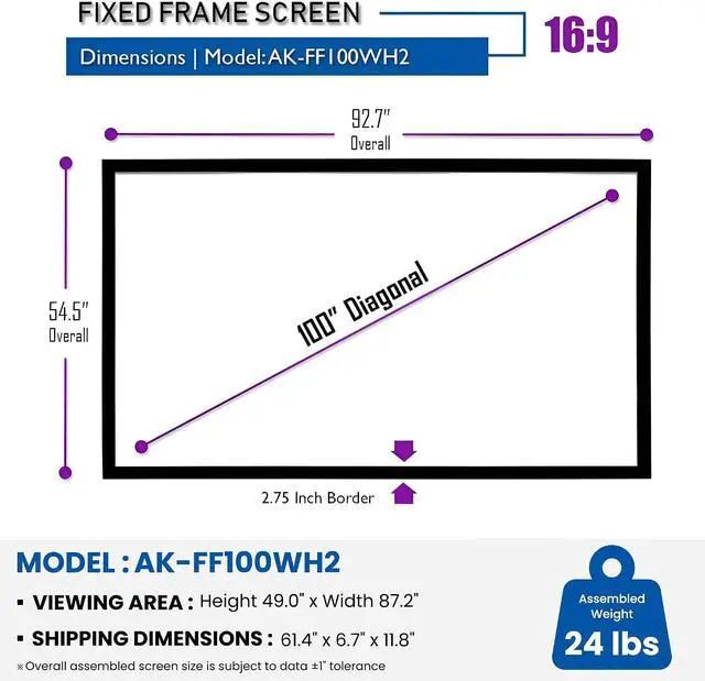 Alt view image 2 of 7 - Akia Screens 100 Inch Fixed Frame Projector Screen, 16:9, 8K / 4K Ultra HD Projector & 3D Ready, Wall Mount CINEWHITE UHD-B Indoor Projection Screen for Home Theater, Cinema AK-FF100WH2