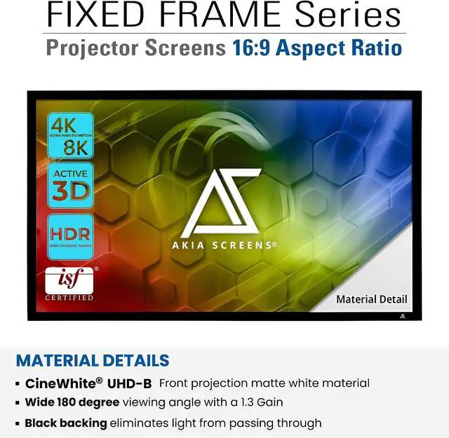 Alt view image 3 of 7 - Akia Screens 100 Inch Fixed Frame Projector Screen, 16:9, 8K / 4K Ultra HD Projector & 3D Ready, Wall Mount CINEWHITE UHD-B Indoor Projection Screen for Home Theater, Cinema AK-FF100WH2