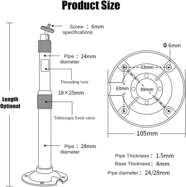 Alt view image 3 of 7 - Aluminum Alloy Telescope Poles for Security Camera, Outdoor Extension Rod, Ceiling/Wall Mounted Telescopic Bracket for Projector (24in-47in (60-120cm), White Colored)