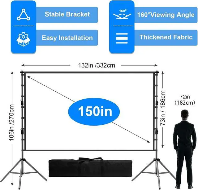 Alt view image 5 of 7 - 150 inch Outdoor Large Projector Screen with Stand,Portable Heavy Duty Bracket Projector Screen 16:9 4K HD Rear Front Projection Movie Screen with Carry Bag, Height Adjustable Stand for Home Theater