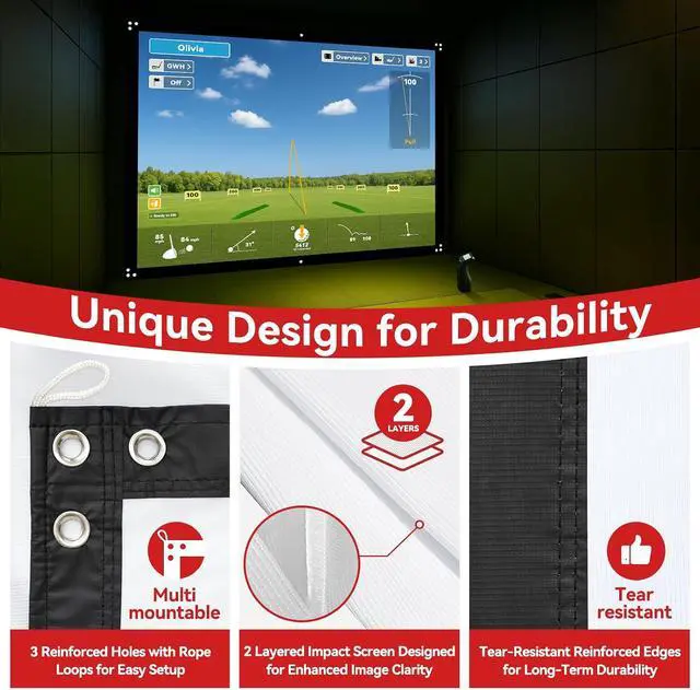 Alt view image 2 of 7 - ZEALFEEL 9x7ft Golf Simulator Impact Screen, Thicker 2 Layer Impact Screen for Training, 14 Gromment Holes Golf Practice Screen with 10 Bungee Cords, Durable HD Projector Screen for Home/Indoor/Garage