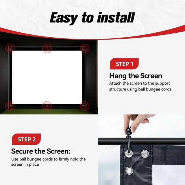 Alt view image 6 of 7 - ZEALFEEL 9x7ft Golf Simulator Impact Screen, Thicker 2 Layer Impact Screen for Training, 14 Gromment Holes Golf Practice Screen with 10 Bungee Cords, Durable HD Projector Screen for Home/Indoor/Garage