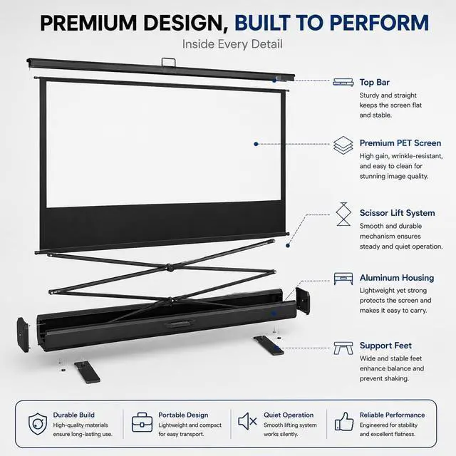 Alt view image 4 of 7 - Floor Rising Projector Screen, 60 Inch 16:9 Portable Projector Screen, Pull Up Floor Screen for Projector, Rising Projection Screen for Indoor Outdoor Movies, Home Theater, Office and Bedroom