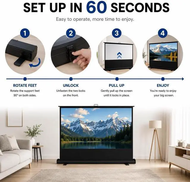 Alt view image 5 of 7 - Floor Rising Projector Screen, 60 Inch 16:9 Portable Projector Screen, Pull Up Floor Screen for Projector, Rising Projection Screen for Indoor Outdoor Movies, Home Theater, Office and Bedroom