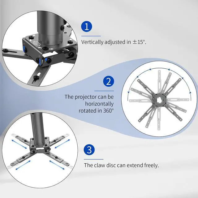 Alt view image 4 of 7 - Jomard Universal Projector Mount with Adjustable Height Extension Pole, Full Motion Tilt Swivel 360° Rotation, Heavy Duty Steel Fits Most Brands, Max 22lbs Gray