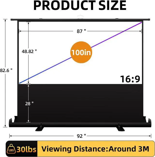 Alt view image 2 of 5 - 100 inch 16:9 Portable Manual Pull Up Floor Rising Projector Screen Indoor Outdoor, Floor Standing HD White for Long Standard Projection, Fast Setup for Home Theater Movies,Classroom,Office