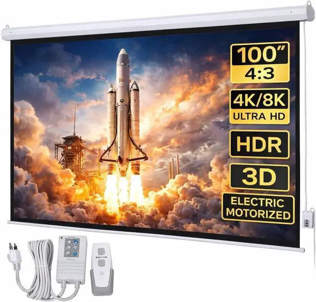 Main image of 100" Motorized Projector Screen 4:3, Electric Automatic Projection Screen with Remote Control & Wall/Ceiling Mount, Motorized 4K 3D HD Projection for Home Theater Movies Office Classroom